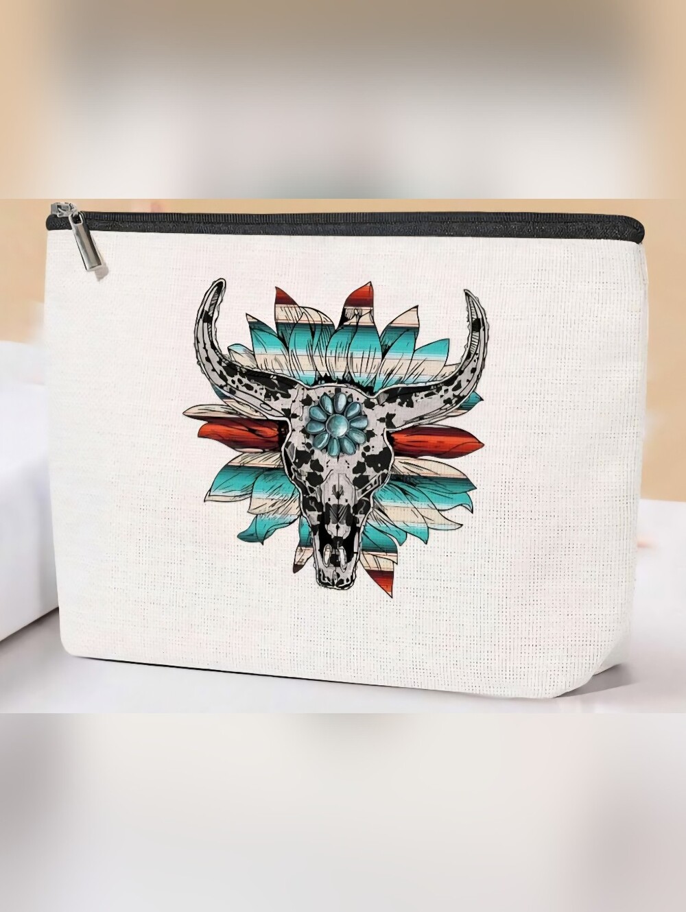 Western Boho Skull Waterproof Canvas Makeup/Essentials Bag Turquoise/White